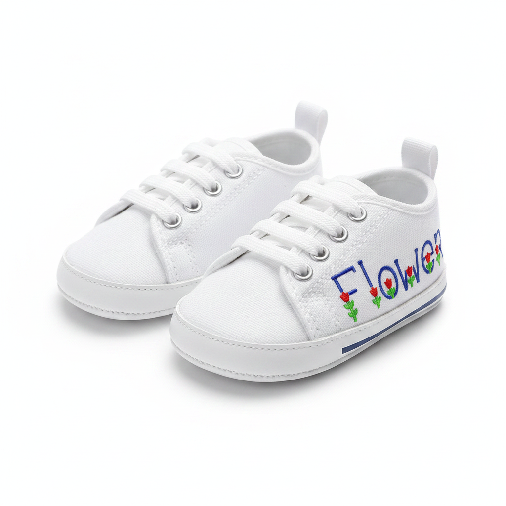 Flower embroidery font on kids shoes