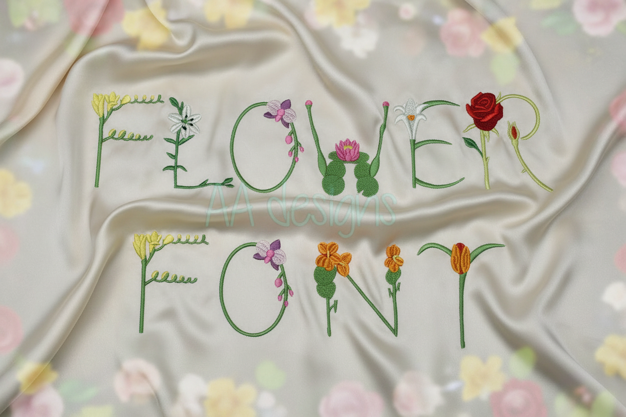 Flower summer embroidery font on silk scarf