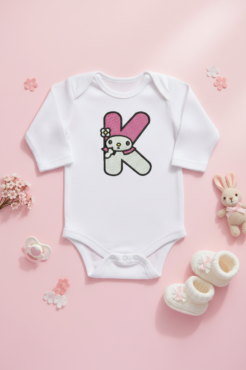 Kitty Embroidery Font on baby onesie