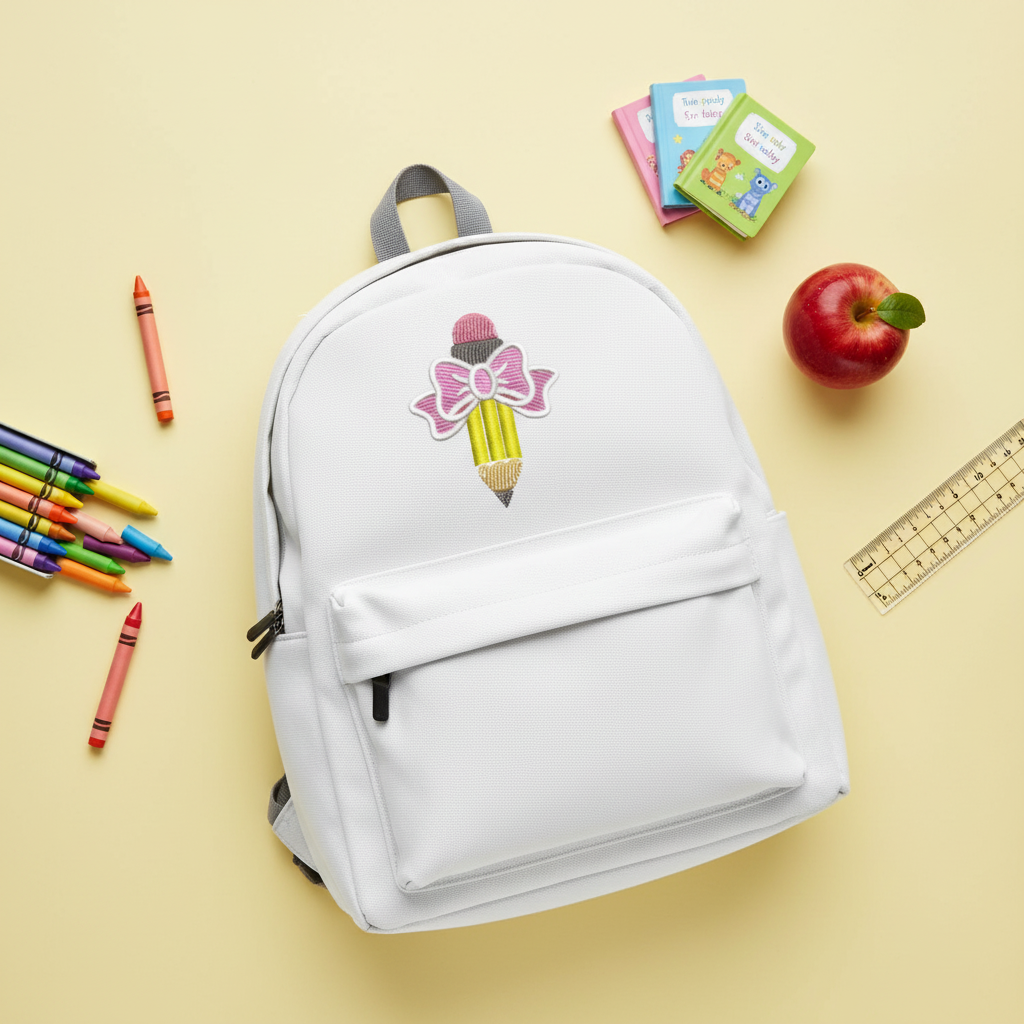 Bow Pencil on backpack - overhead flat lay