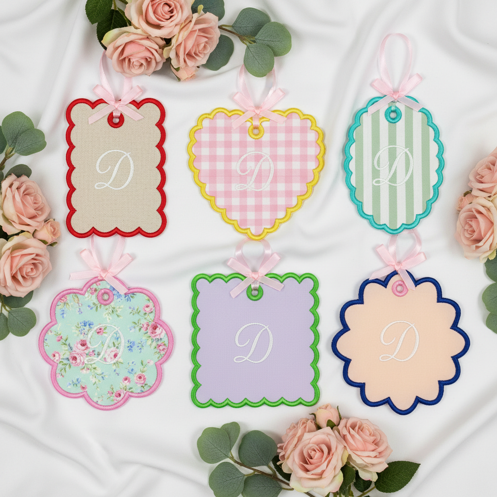 ITH Scallop Bag Tag - 6 shapes flat lay with pastel fabric and pink roses