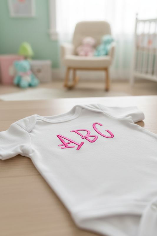 Pink ABC embroidery on newborn onesie angled view