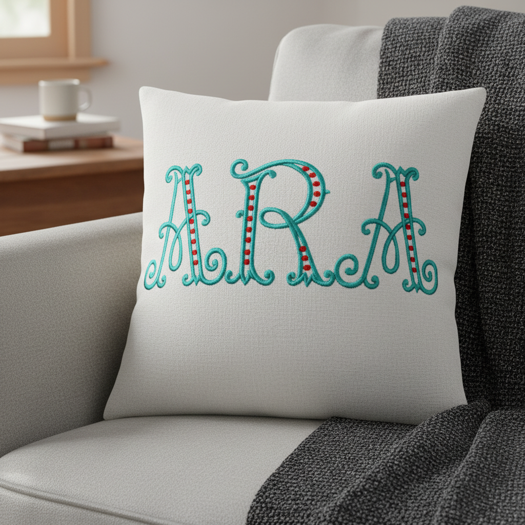 Arabesque monogram embroidery on decorative pillow