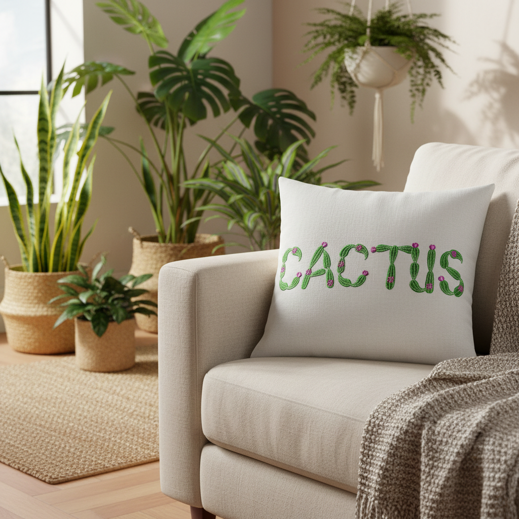 Cactus embroidery font on decorative pillow