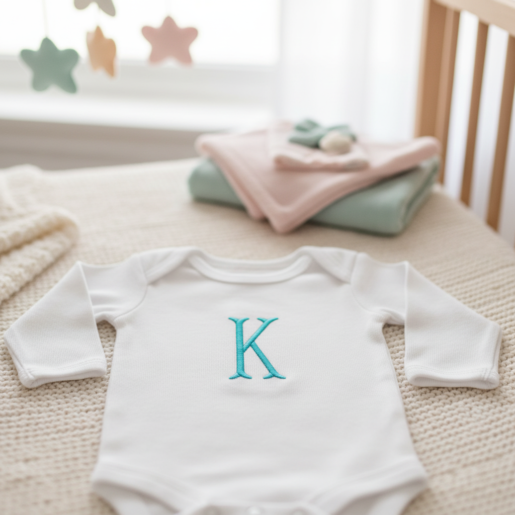 Teal K embroidery on newborn onesie