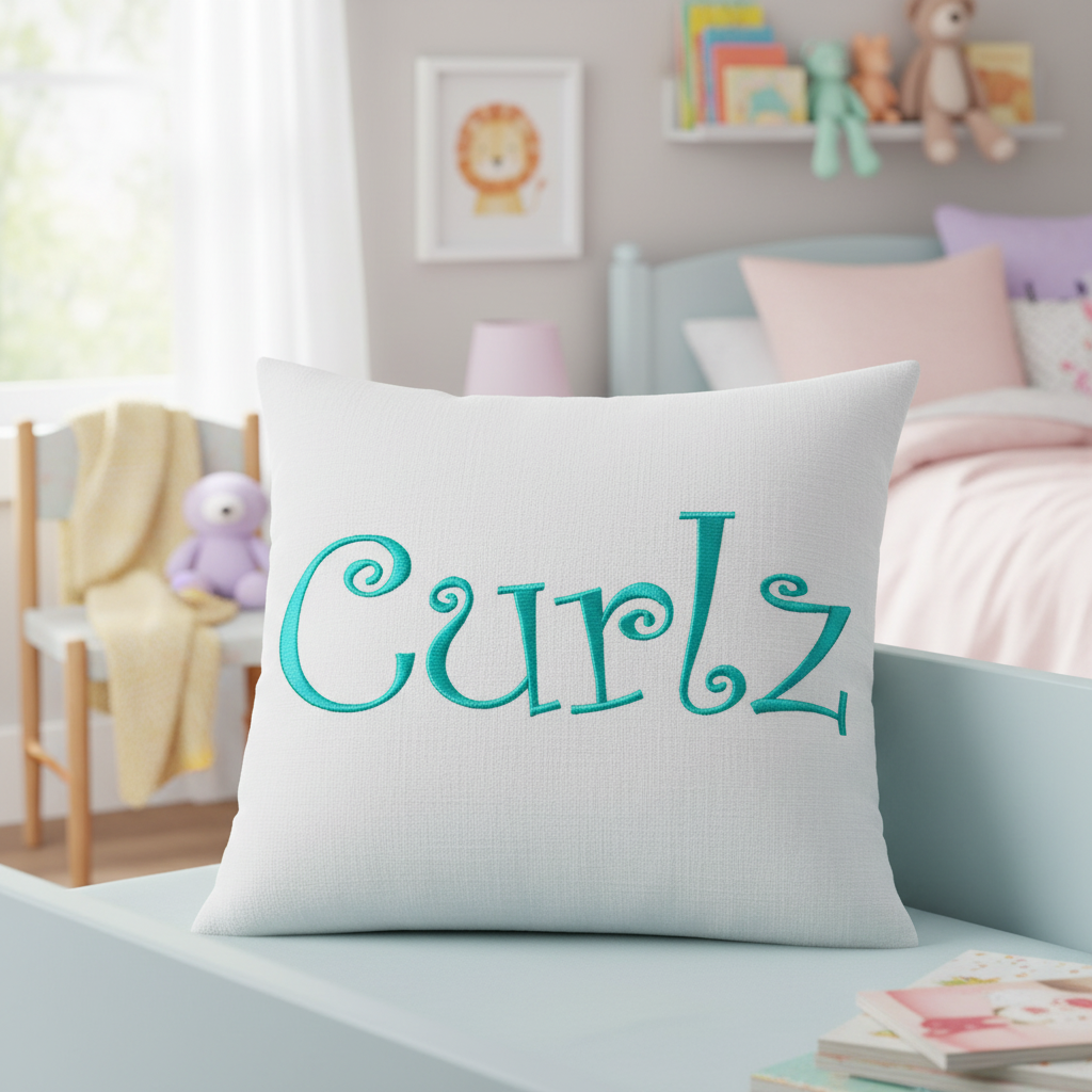 Curl embroidery font on kids bedroom pillow