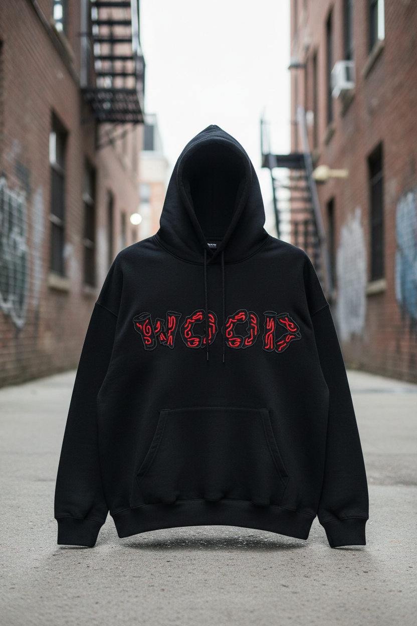 Wood applique embroidery on hoodie streetwear