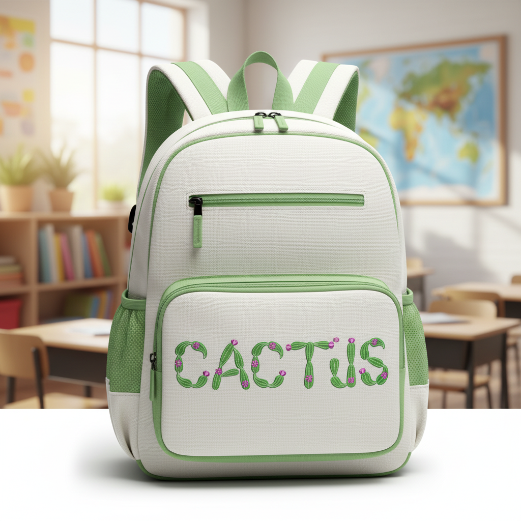Cactus embroidery font on kids backpack