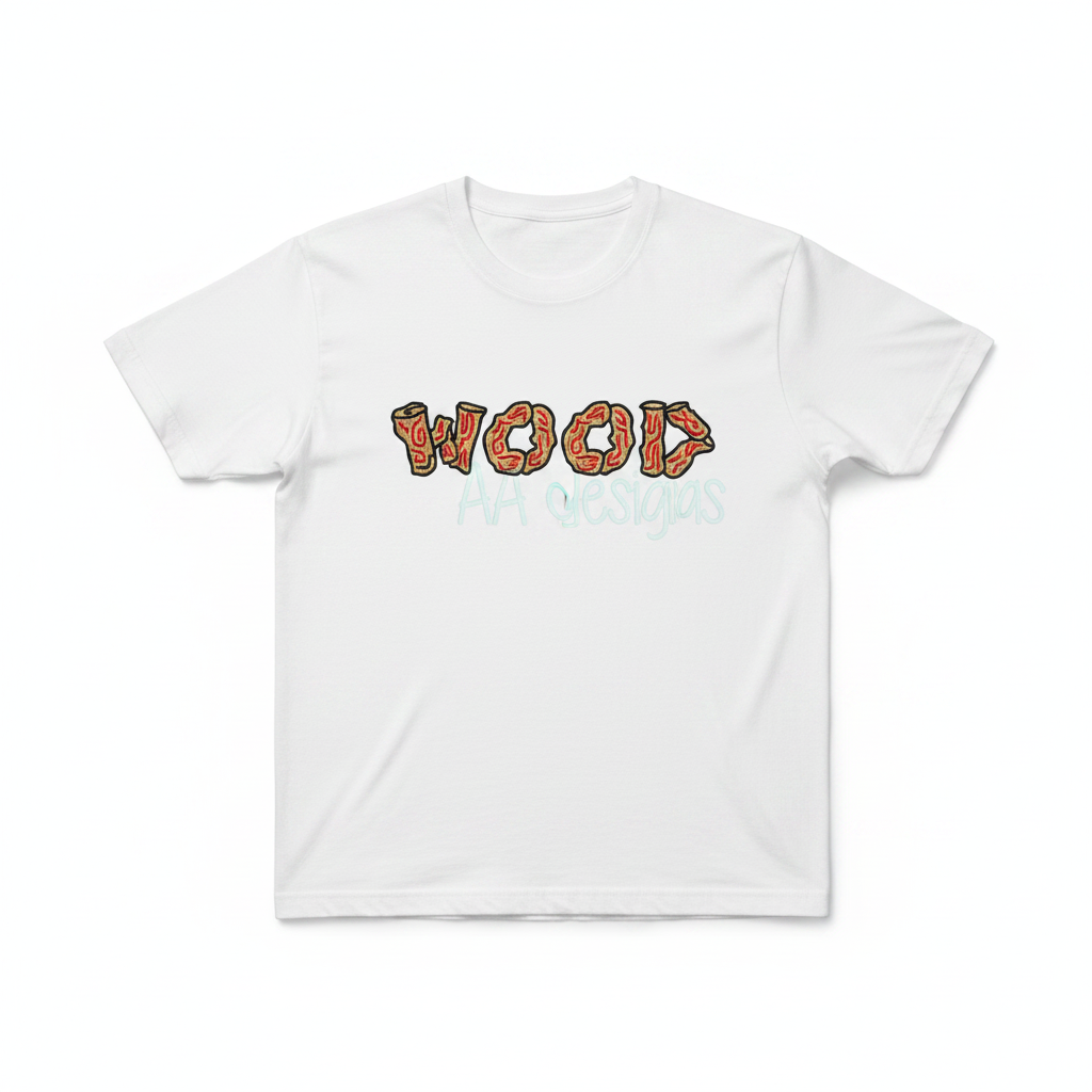 Wood applique embroidery on t-shirt