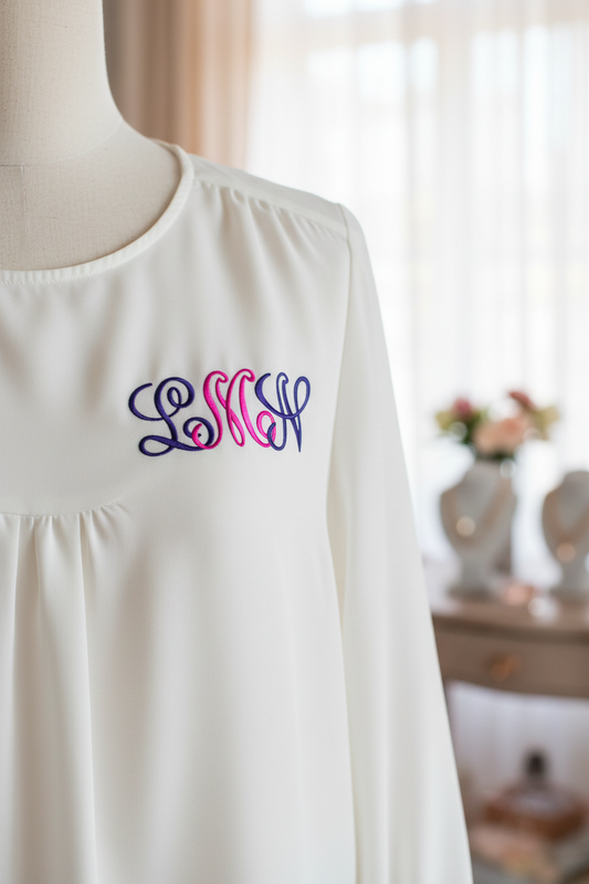 Script embroidery font on women's blouse