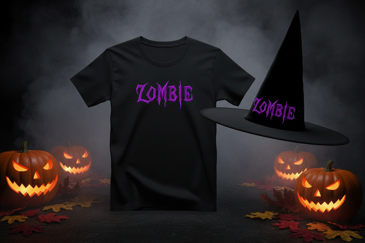 Zombie Halloween embroidery font mockup on black t-shirt and hat