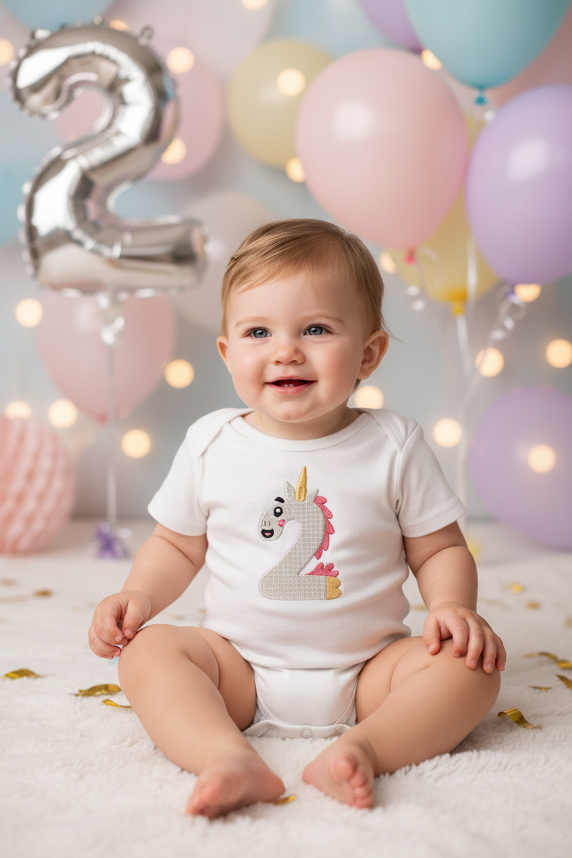 Baby 2nd birthday mockup voi so 2 unicorn embroidery de thuong