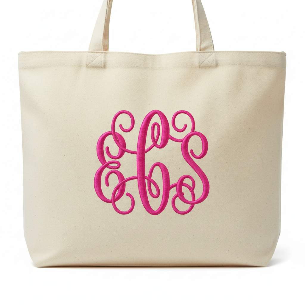 Vine monogram embroidery font on canvas tote bag
