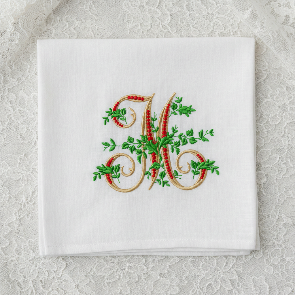 Floral embroidery font mockup on wedding handkerchief
