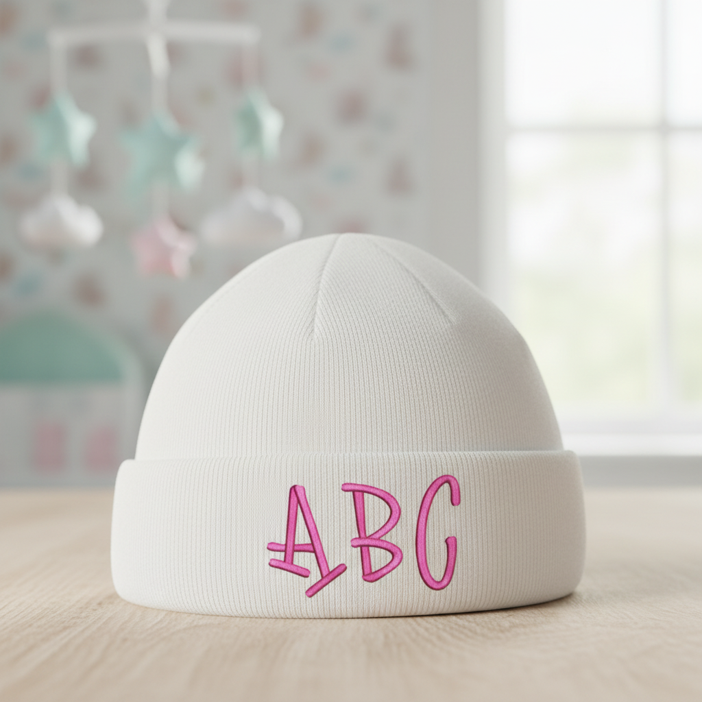 Pink ABC embroidery on newborn baby beanie