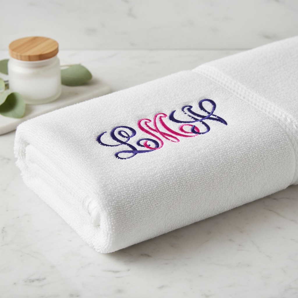 Script embroidery font on spa towel