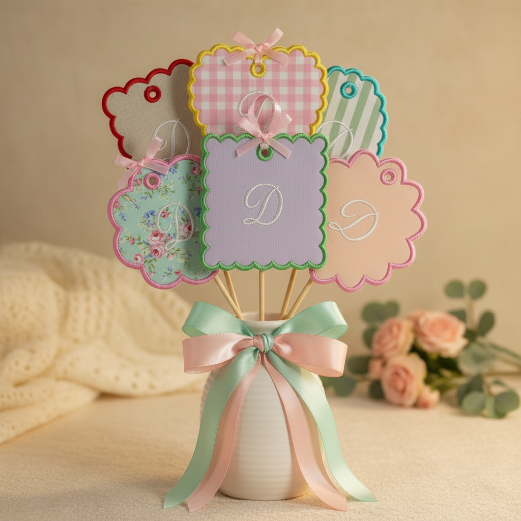 ITH Scallop Bag Tag - 6 shapes on sticks in ceramic vase with ribbon bows