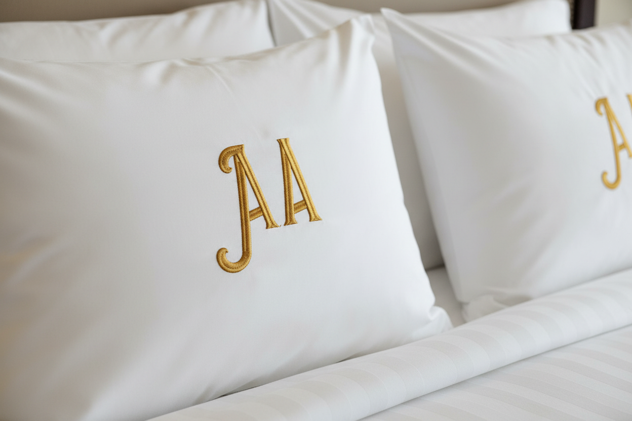 Cowboy embroidery font on hotel pillow