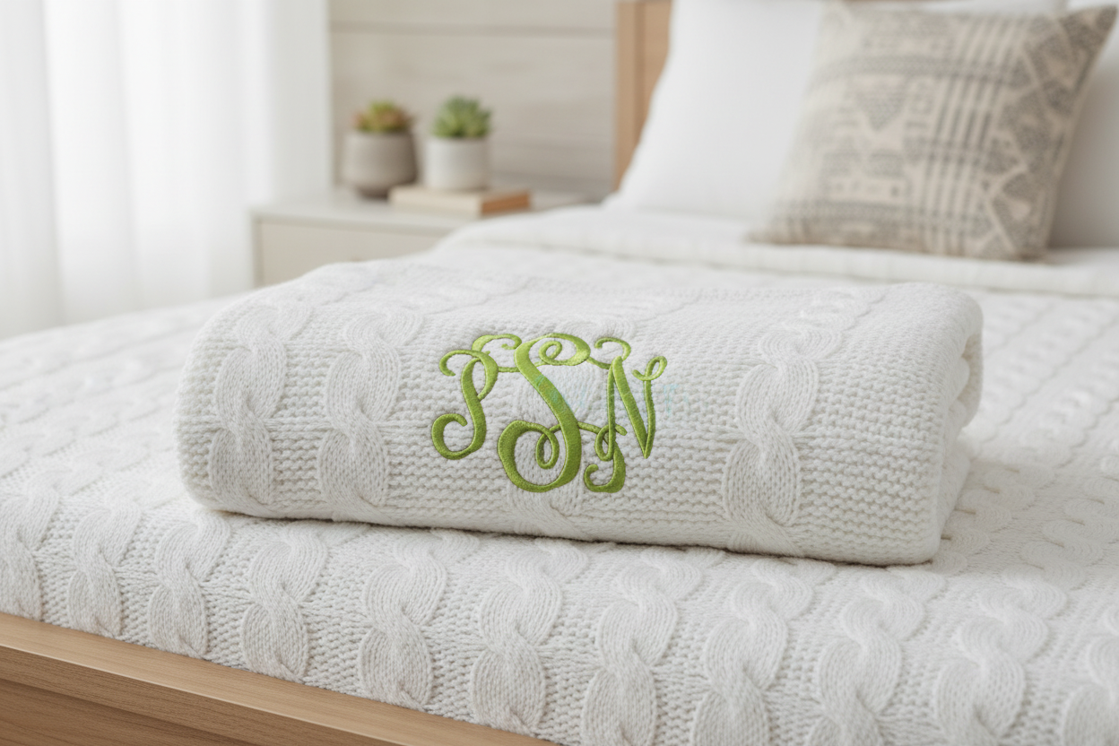 Embroidered interlocking monogram PSN on blanket