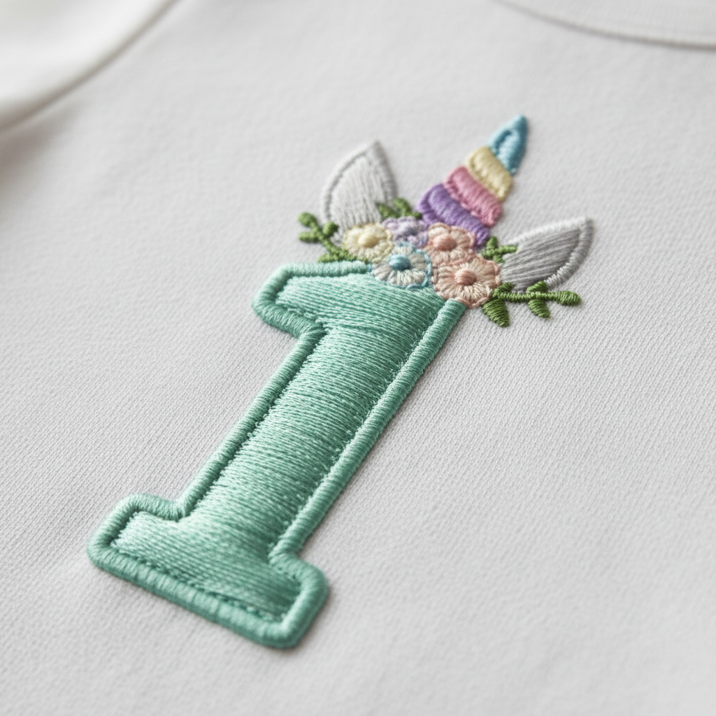 Close-up chi tiet theu unicorn so 1 mint teal dep